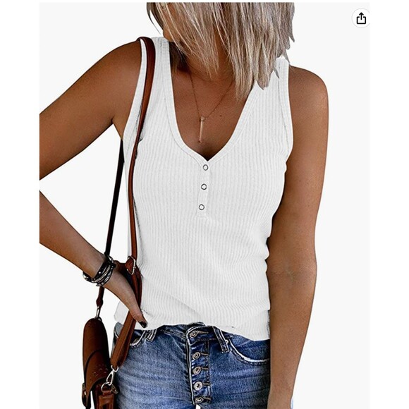 Ribbed Knit Button Sleeveless Henley Solid Color Summer White Shirt Sz L - Picture 1 of 5